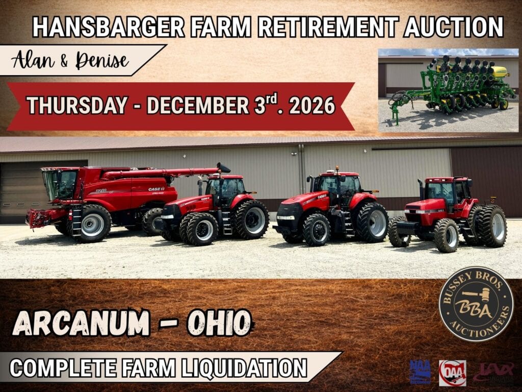Farm equipment and tractors at Hansbarger Farm Retirement Auction in Ohio.