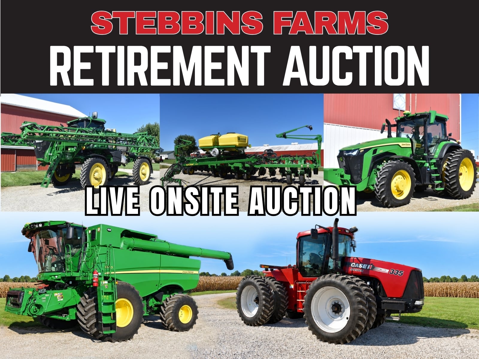 Farm equipment at Stebbins Farms retirement auction, including tractors and machinery.
