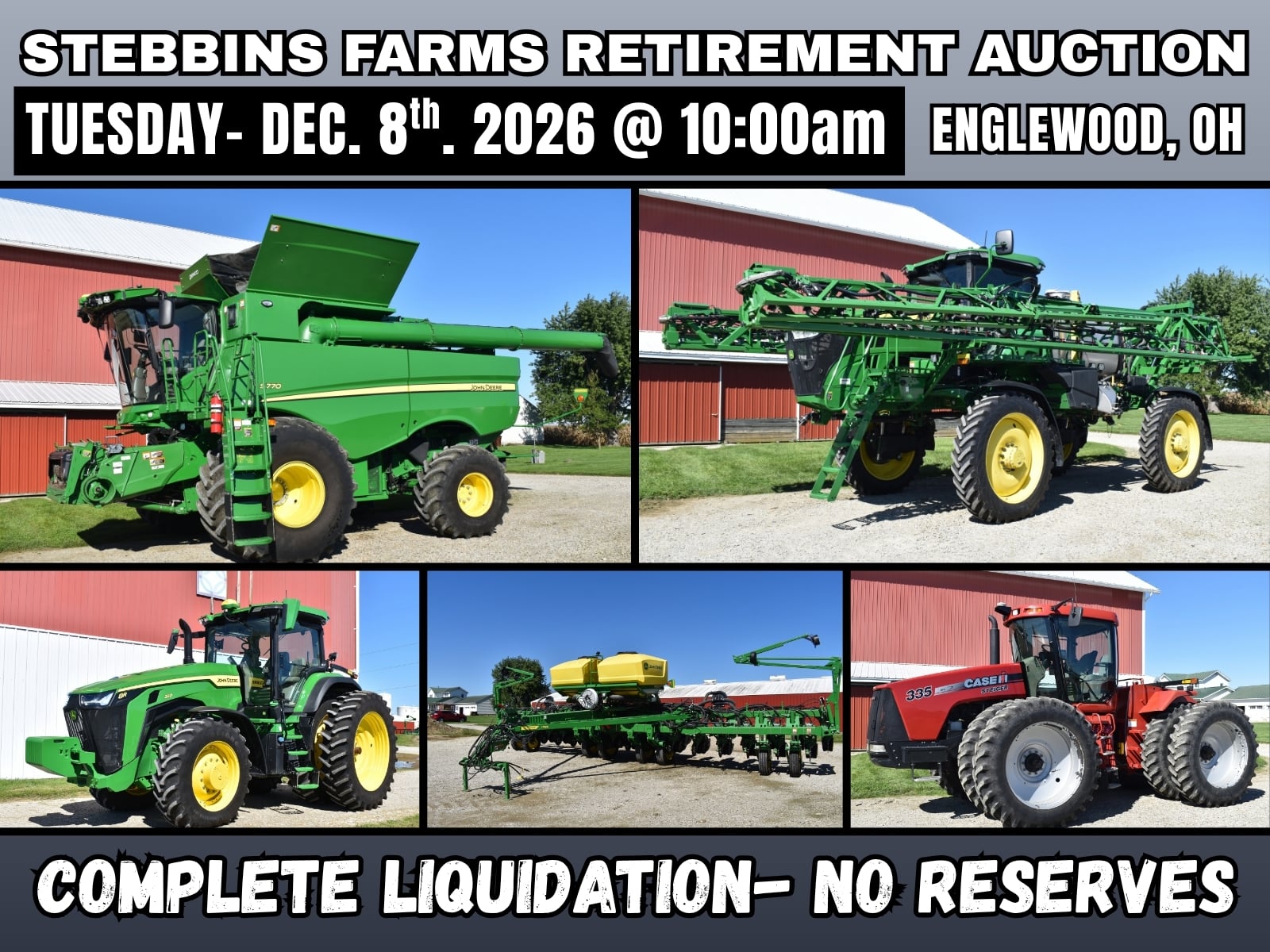 Green and red farm equipment at Stebbins Farms Retirement Auction in Englewood, Ohio.