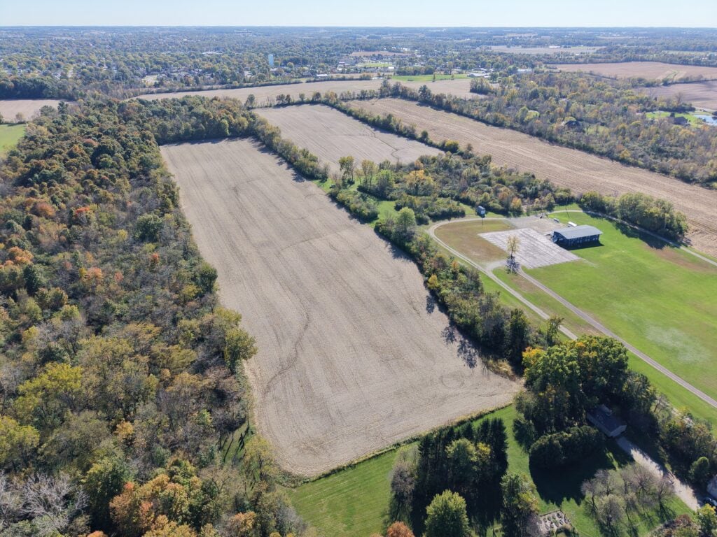 Aerial view of farmland and sports fields near Stanforth, Iowa.