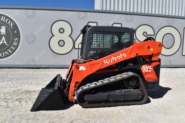 Orange Kubota SVL75-2 compact track loader with bucket attachment.