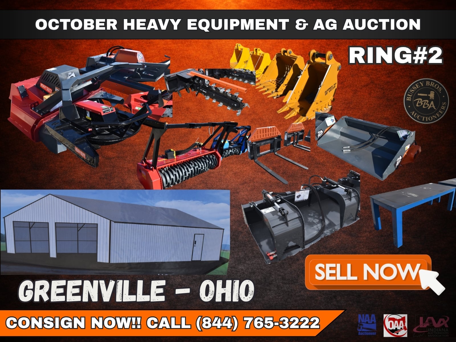 Heavy equipment and agricultural auction items at Bussey Bros Auctioneers in Greenville, Ohio.