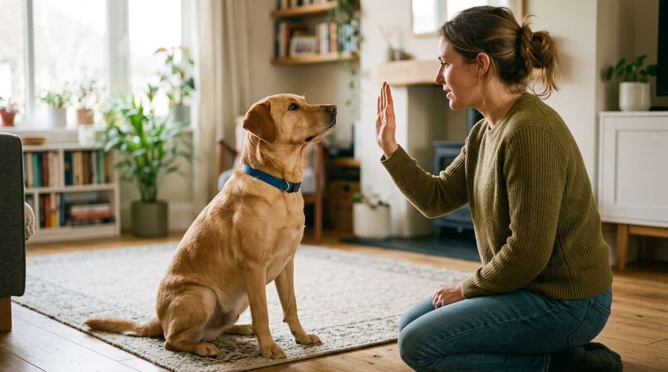 dog not listening training strategies — dog looking at owner expecting clear hand signal command
