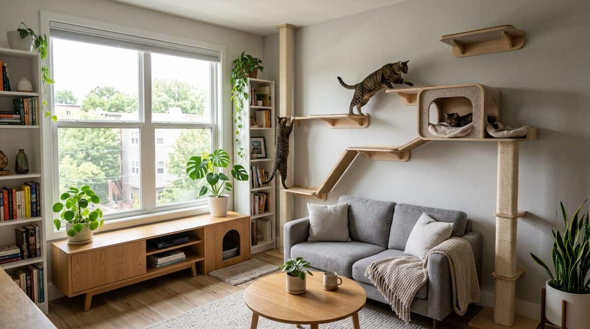 Clever cat apartment hacks — wall shelves, hidden litter box, and enrichment in a small space