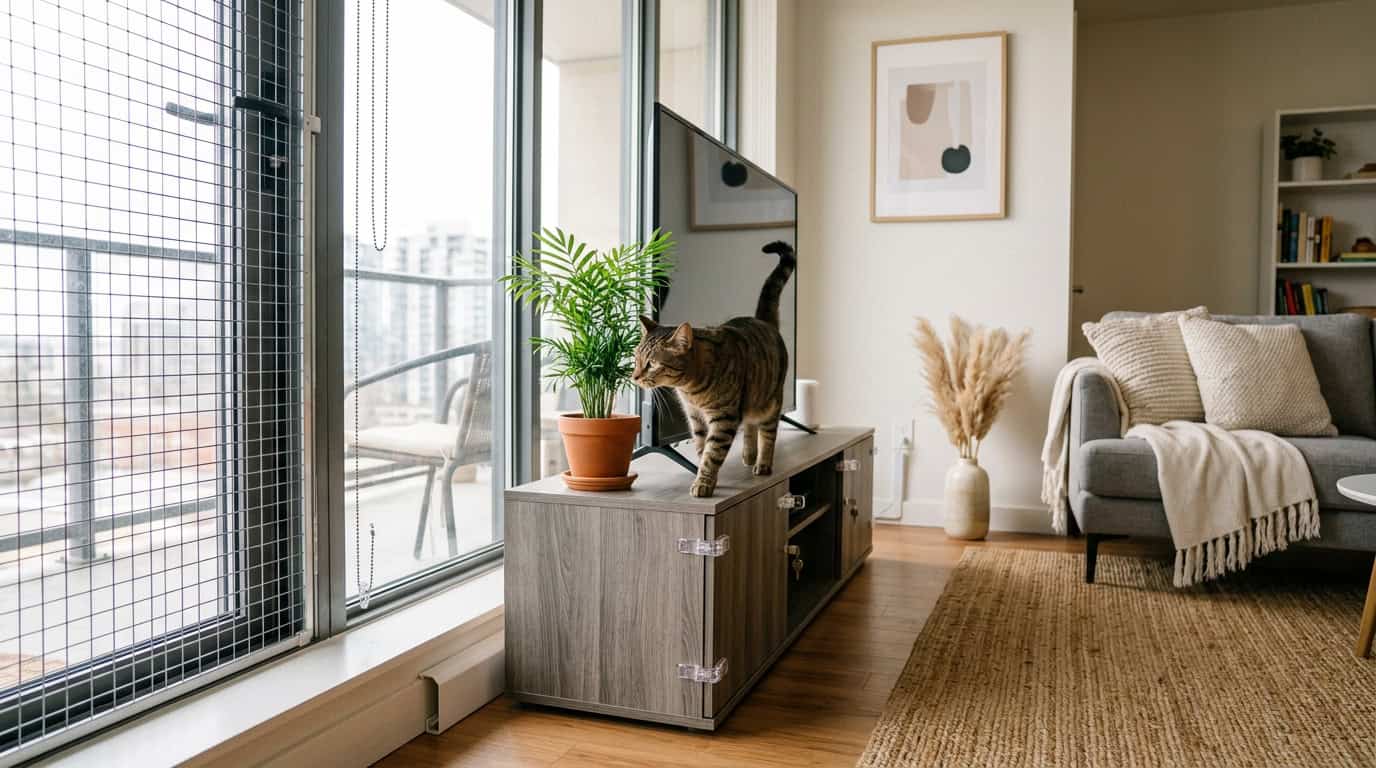 Cat on a window perch in a modern apartment, watching birds outside