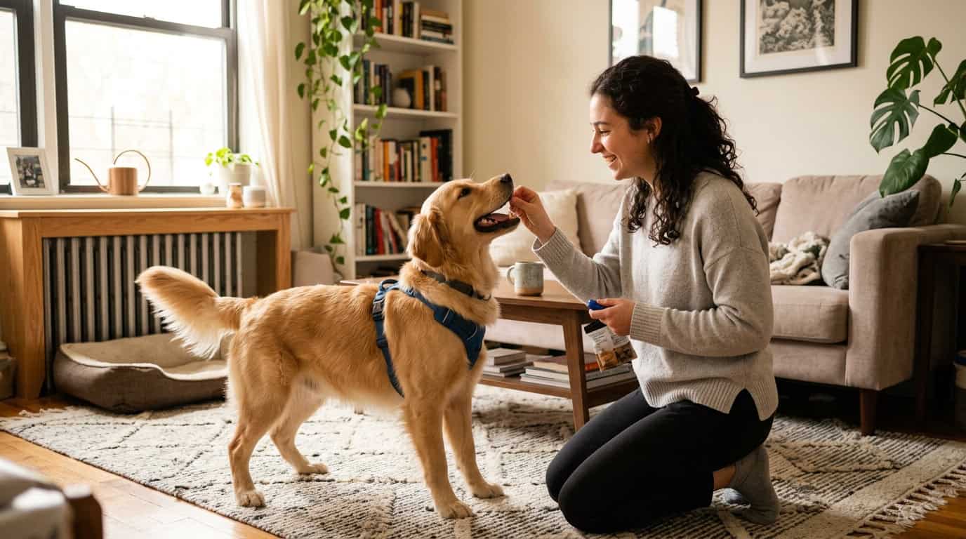 Dog playing with puzzle toy for mental enrichment in apartment