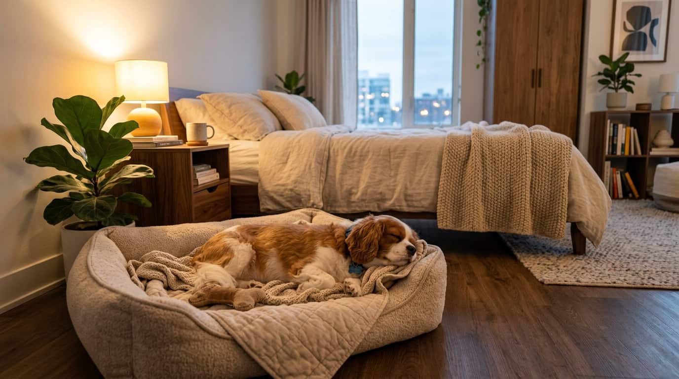 Happy dog relaxing in a modern apartment