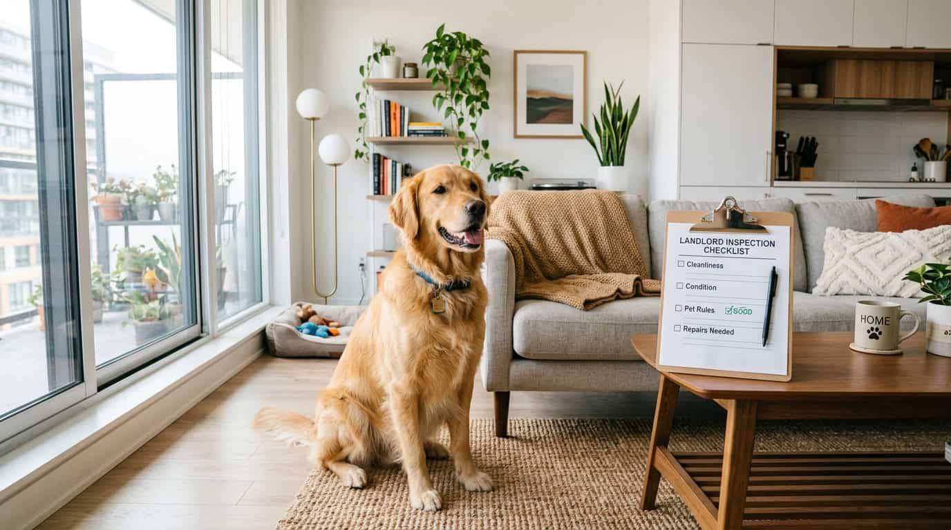 Golden retriever in a bright apartment living room next to a pet inspection checklist