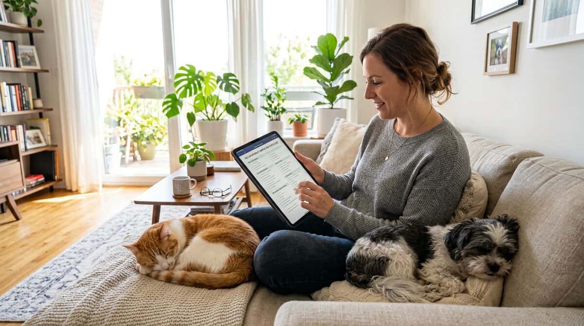 Person reviewing apartment pet inspection checklist on tablet with a cat and dog