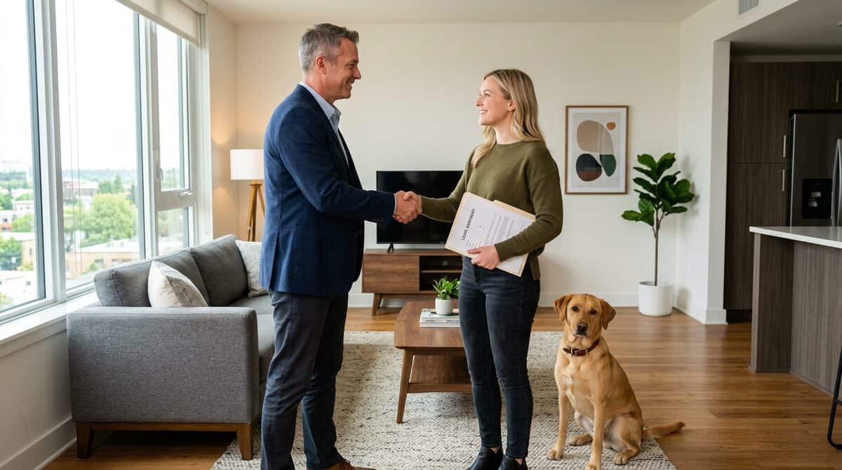 Landlord and tenant shaking hands in apartment building lobby with friendly dog