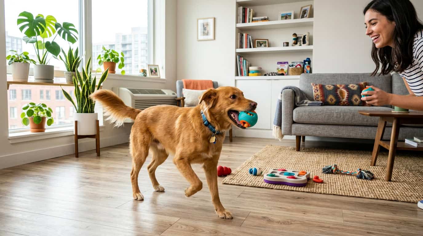 Energetic dog playing with puzzle toys in modern apartment living room