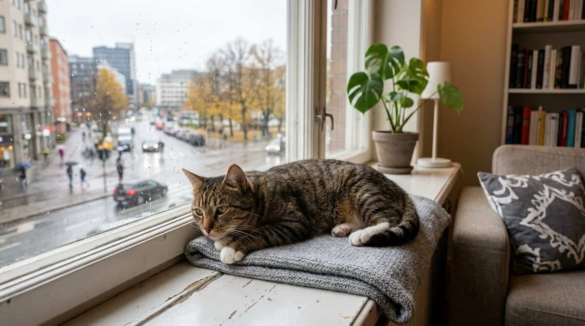 Bored indoor tabby cat lying on apartment windowsill staring outside