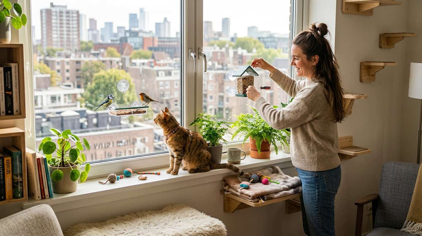 Cat owner setting up window bird feeder for indoor cat enrichment