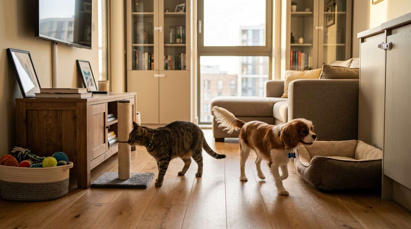 Happy pets in a safe, pet-proofed apartment with secure cabinets and no hazards