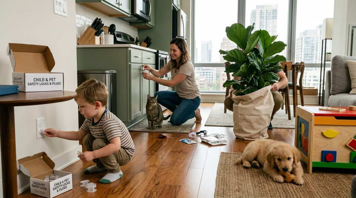 Apartment owner installing cabinet locks and cord covers for pet safety