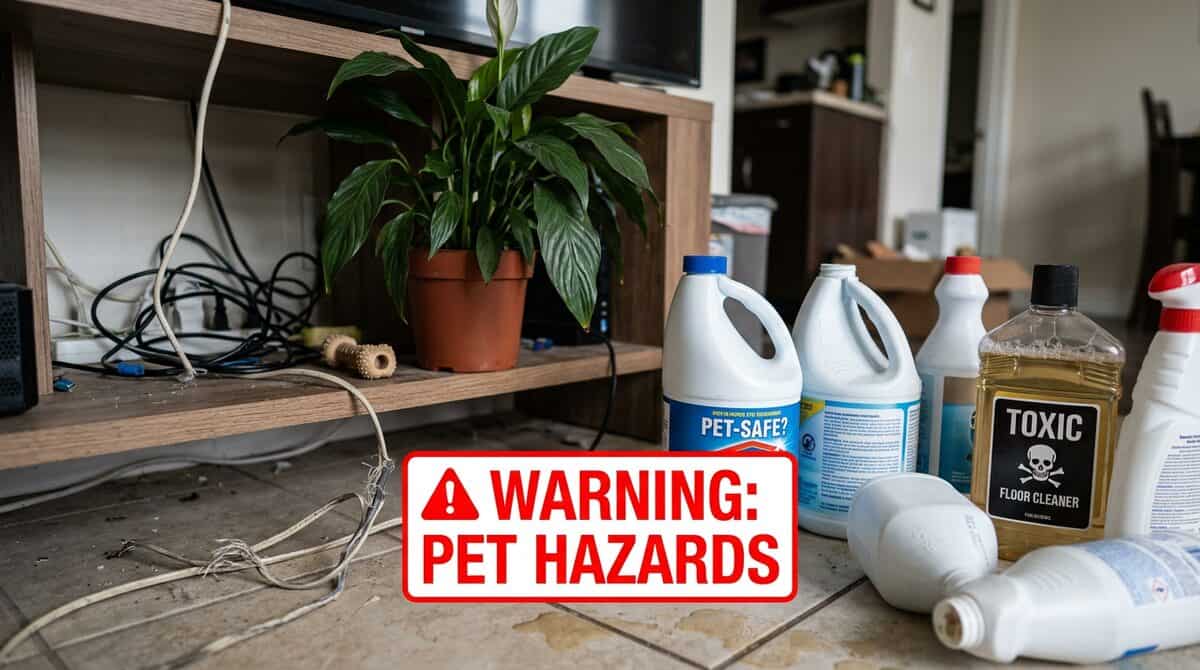 Dangerous household items for pets — cleaning products, toxic plants, loose wires