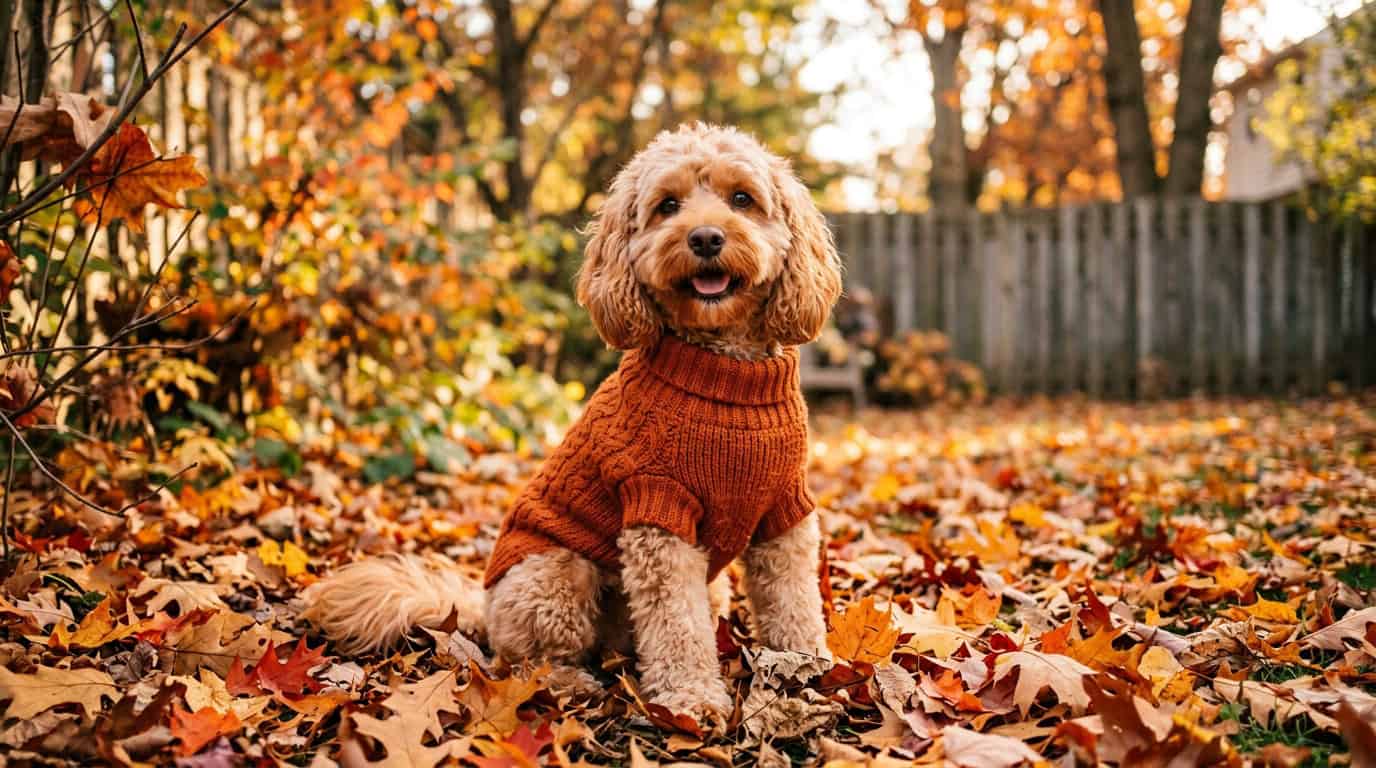 Dog in orange sweater sitting in autumn leaves