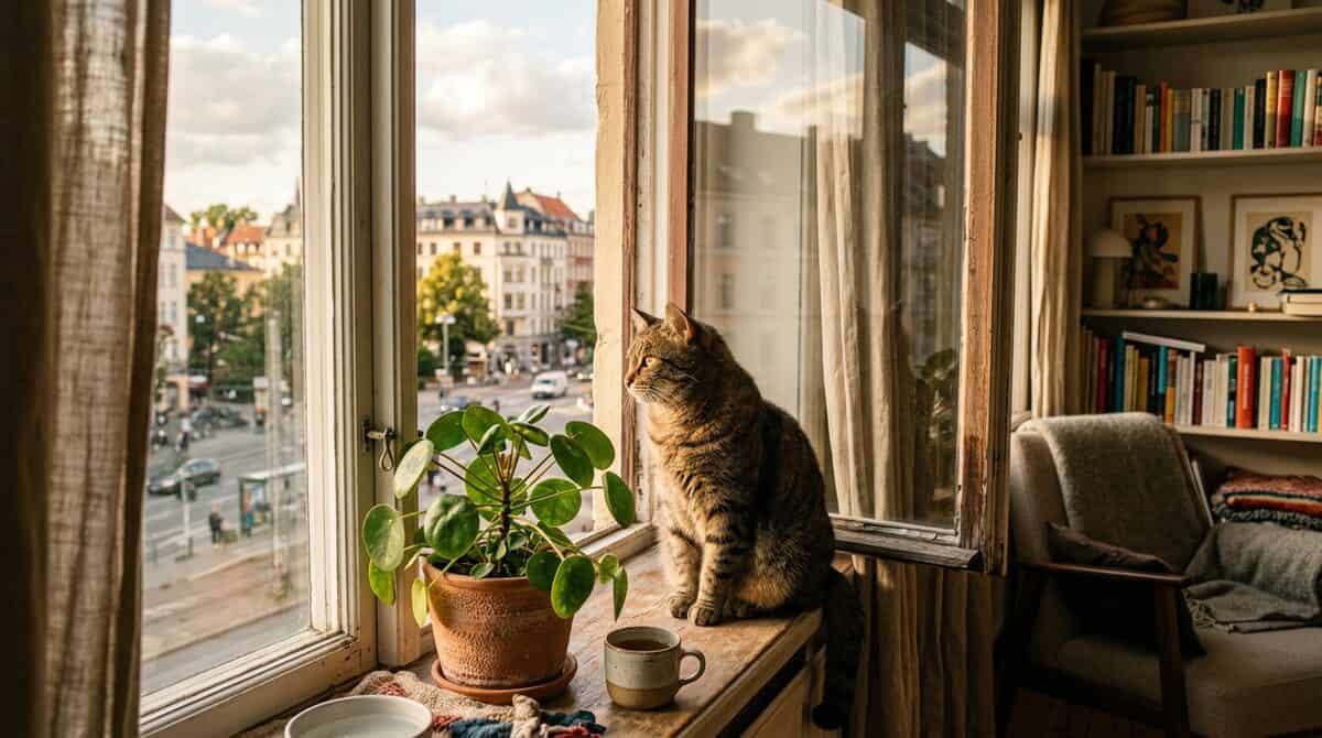 Cat looking out apartment window in a cozy pet-friendly apartment with plants