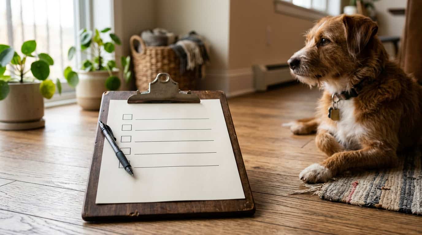 Checklist on a clipboard with pen and dog sitting on apartment floor