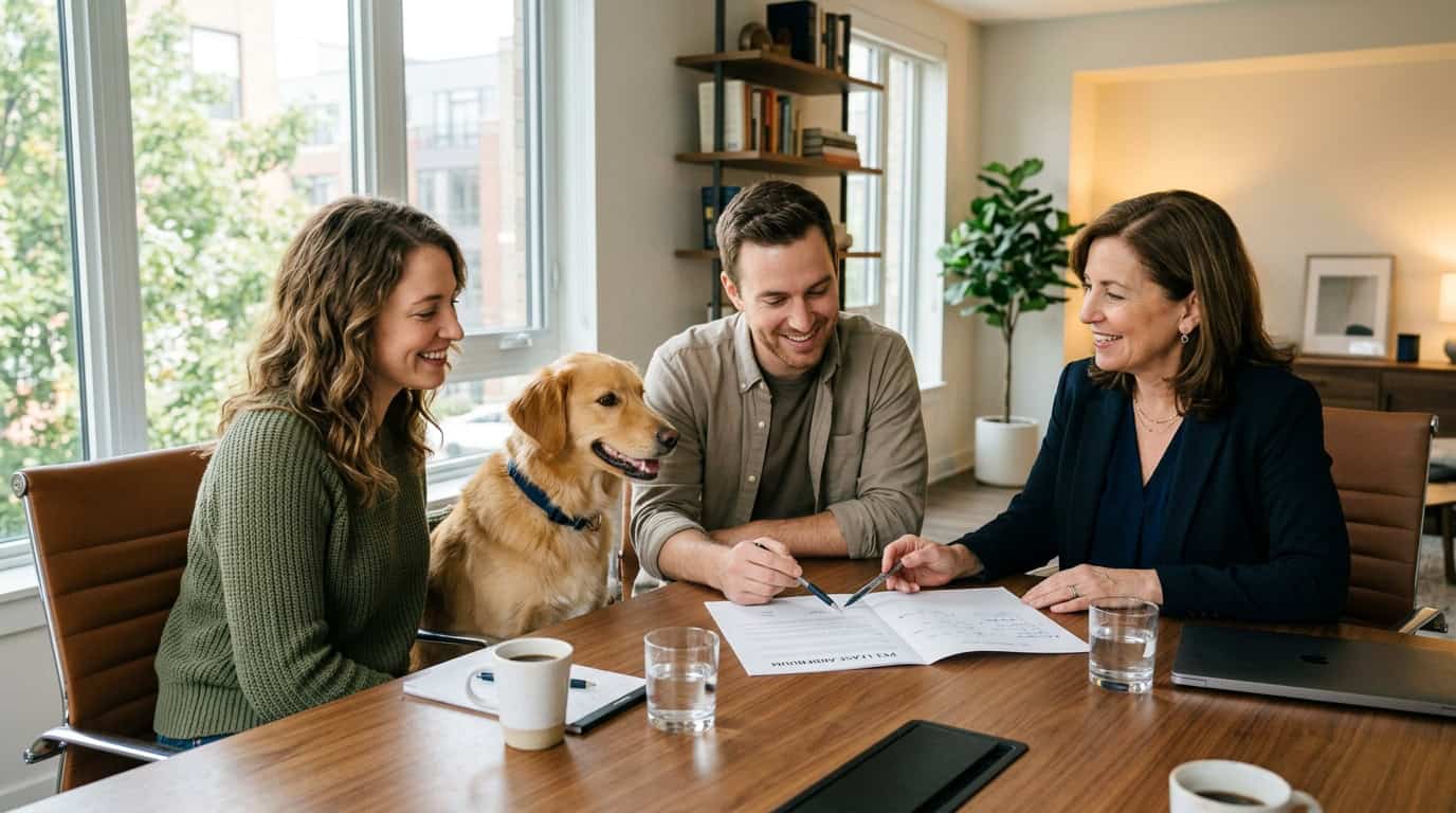 Couple reviewing pet lease terms with landlord, happy dog sitting beside them in a bright apartment