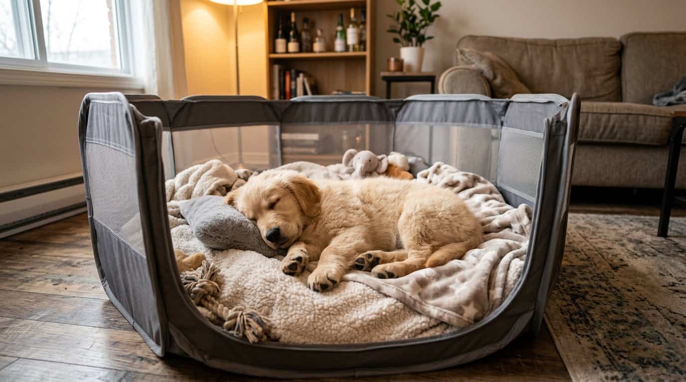Golden retriever puppy sleeping peacefully in a playpen set up in a <a href=