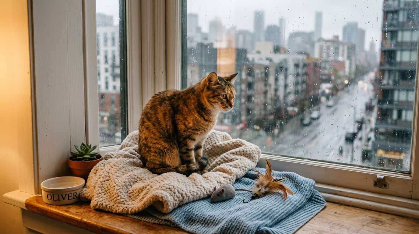 Stressed cat sitting by apartment window surrounded by calming items