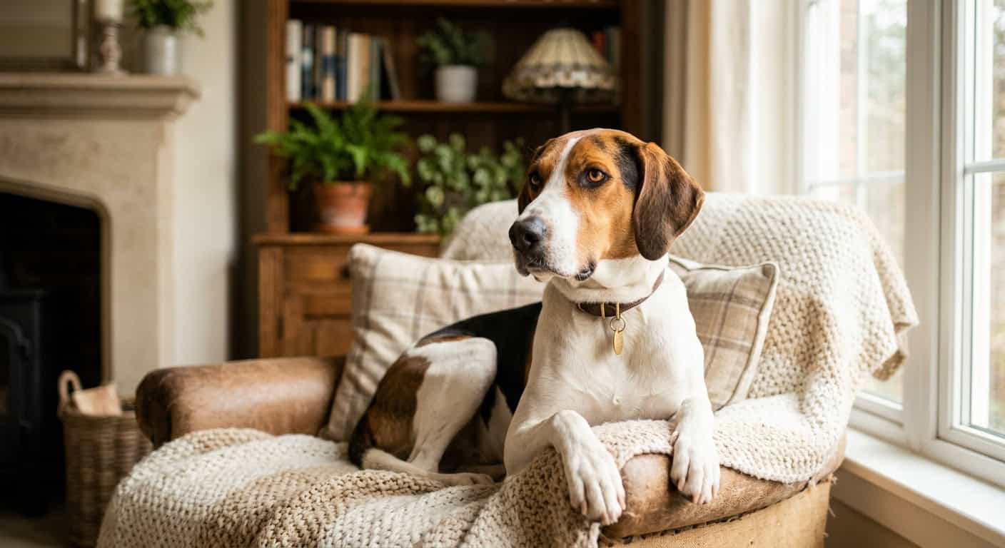 A american foxhound in a cozy apartment setting