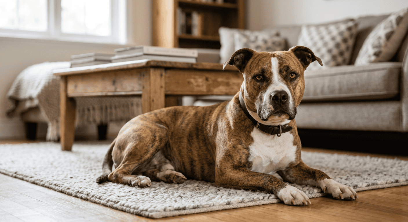 A american staffordshire terrier in a cozy apartment setting