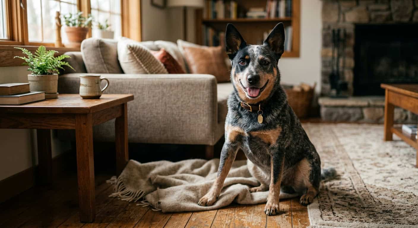 A australian cattle dog in a cozy apartment setting