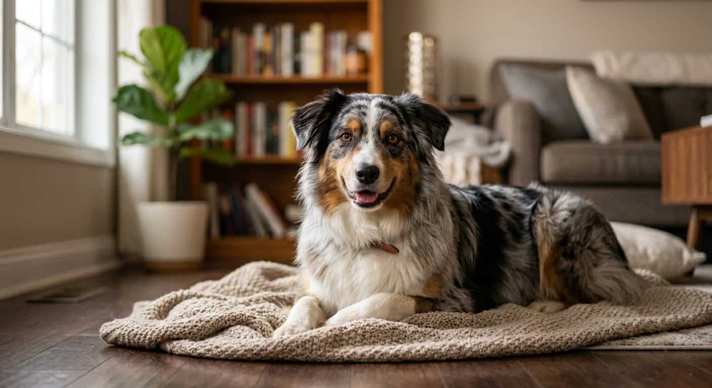 A australian shepherd in a cozy apartment setting