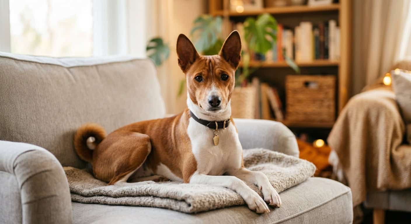 A basenji in a cozy apartment setting