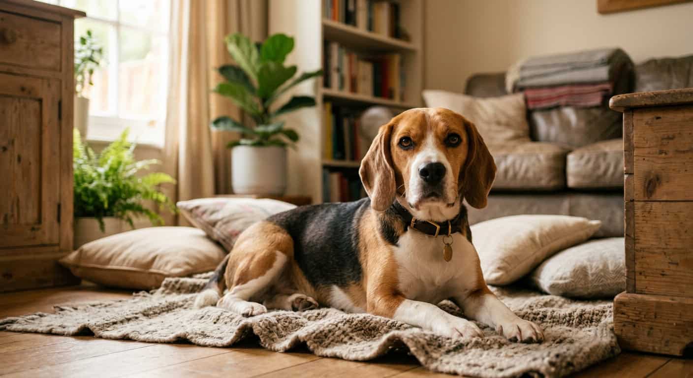 A beagle in a cozy apartment setting