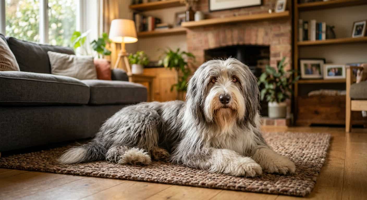 A bearded collie in a cozy apartment setting