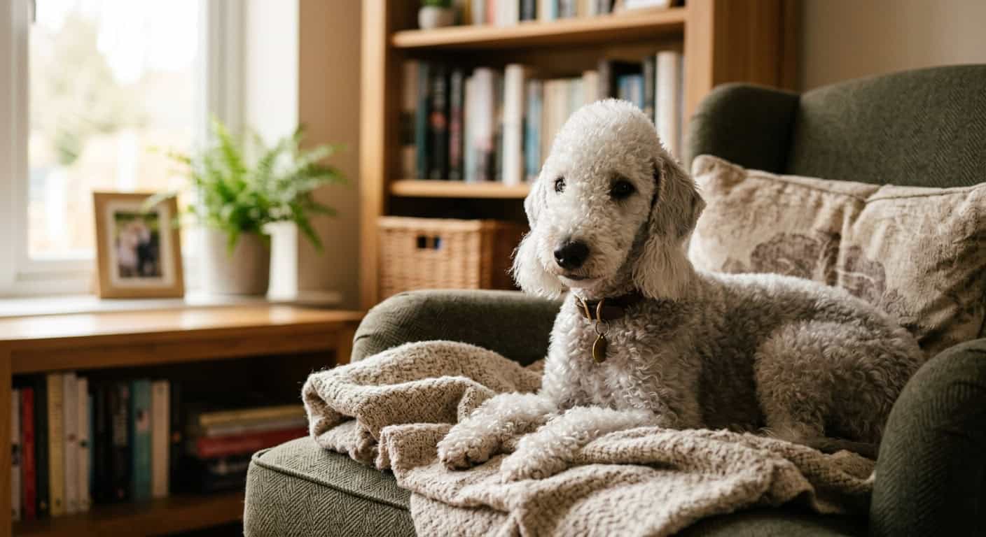 A bedlington terrier in a cozy apartment setting