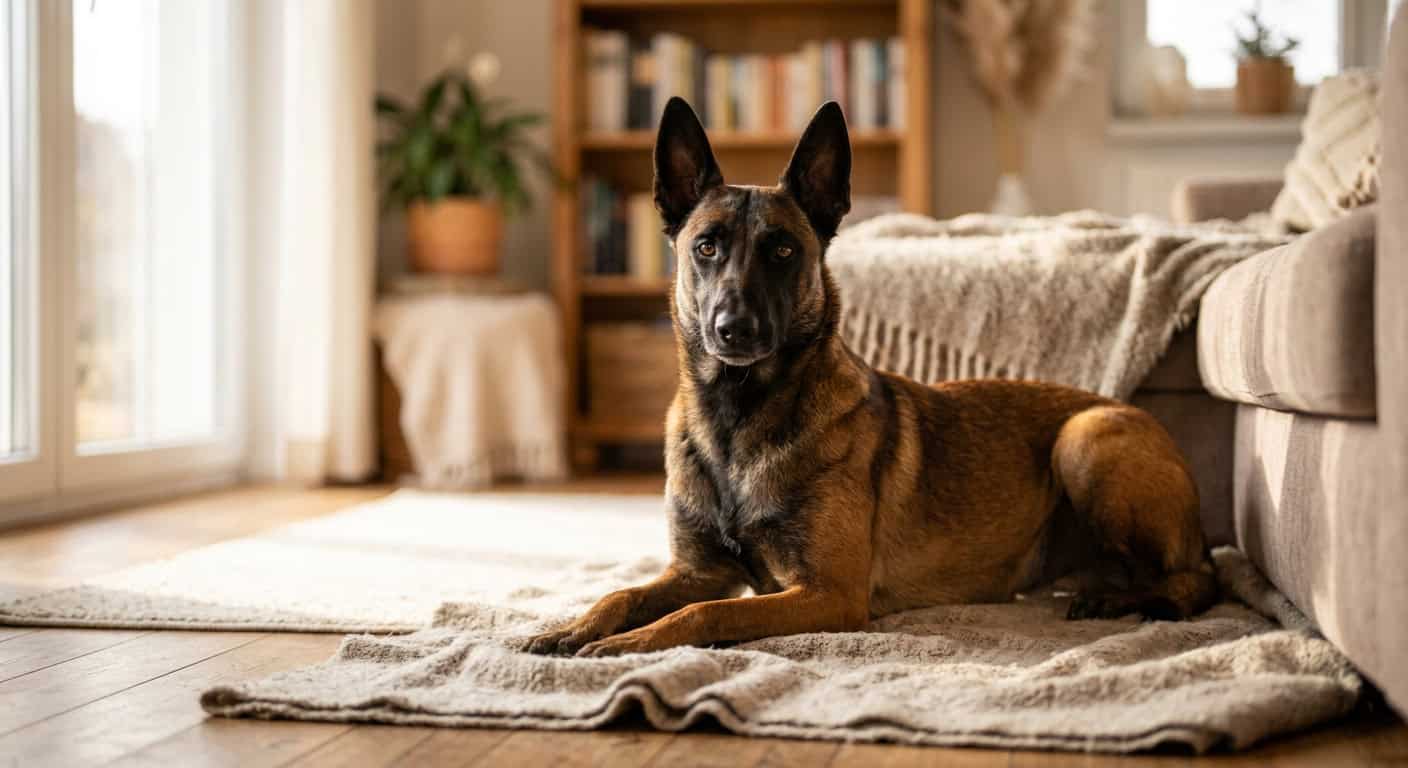 A belgian malinois in a cozy apartment setting