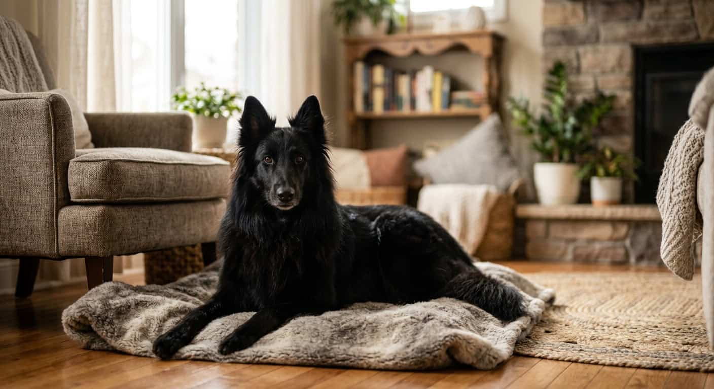 A belgian sheepdog in a cozy apartment setting
