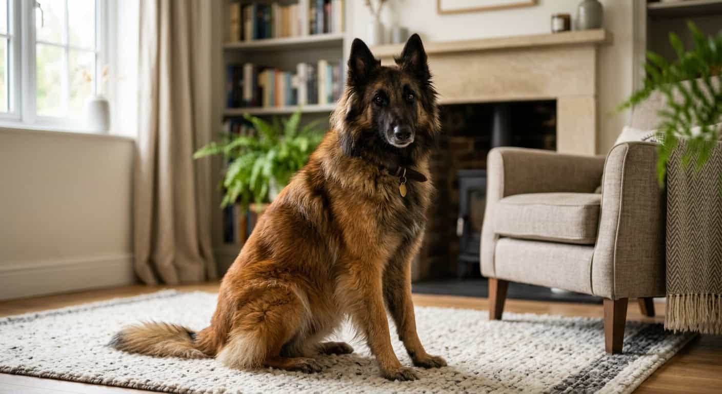 A belgian tervuren in a cozy apartment setting