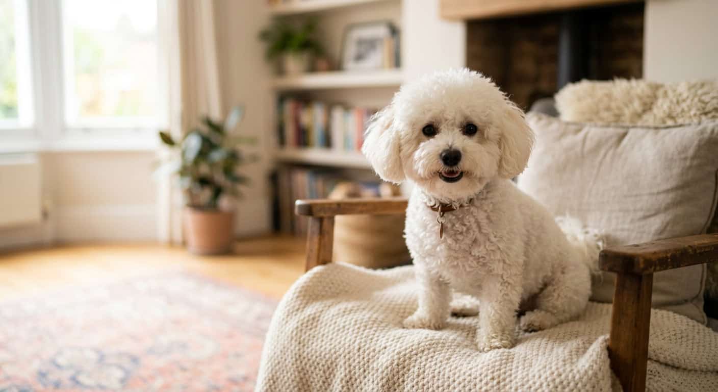 A bichon frise in a cozy apartment setting