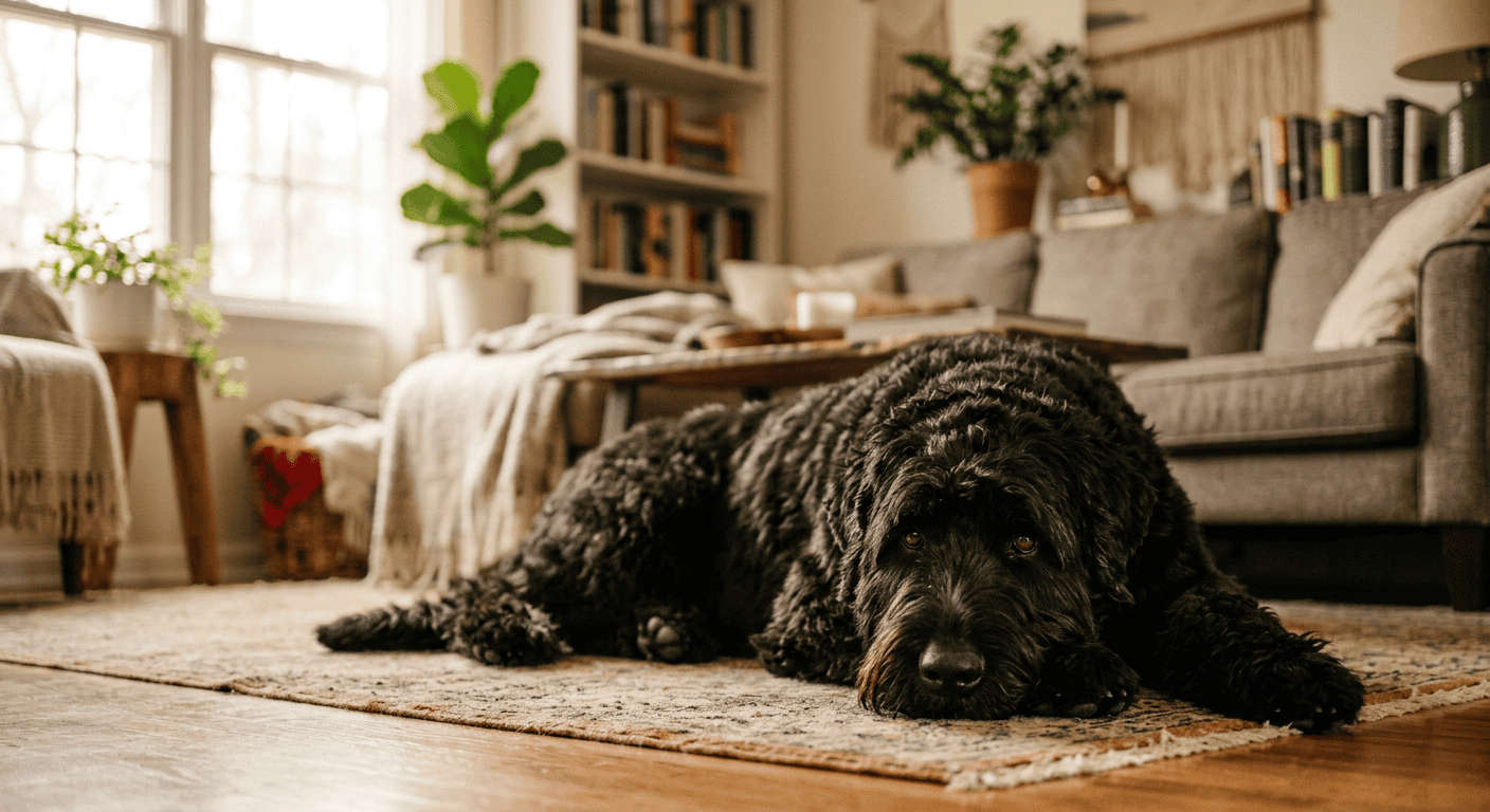 A black russian terrier in a cozy apartment setting