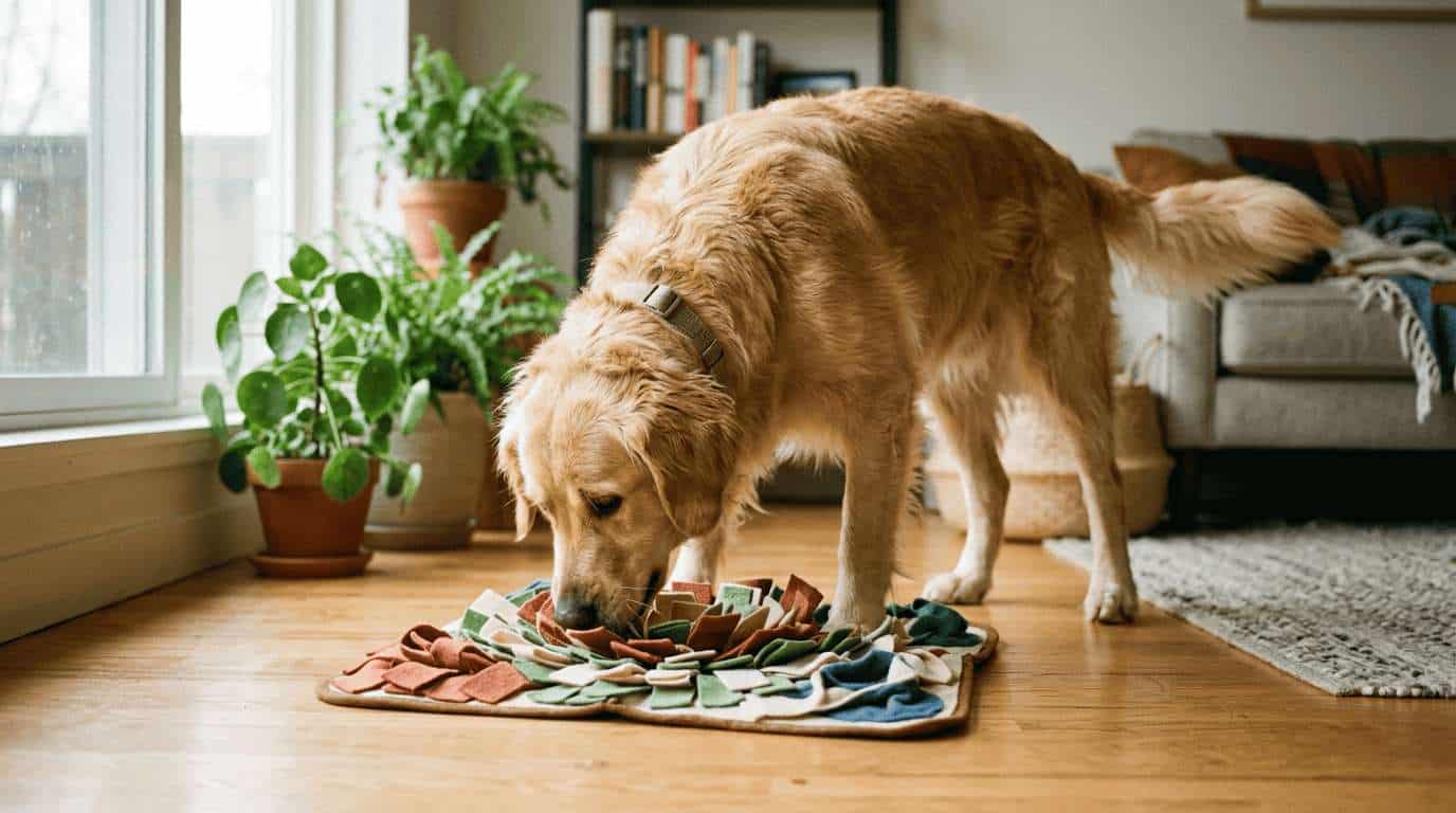 dog enrichment guide — happy dog doing nose work sniffing for hidden treats in apartment