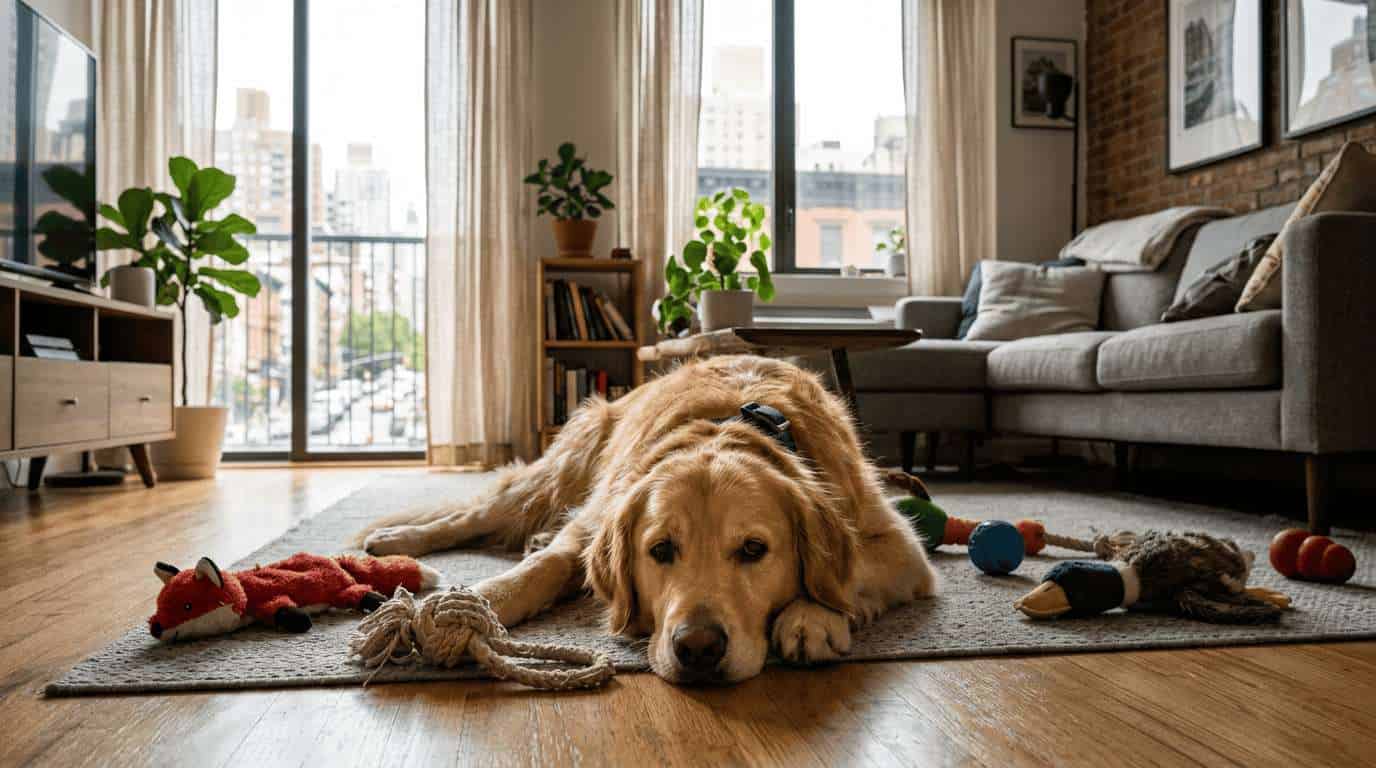 Bored golden retriever lying on apartment floor looking sad