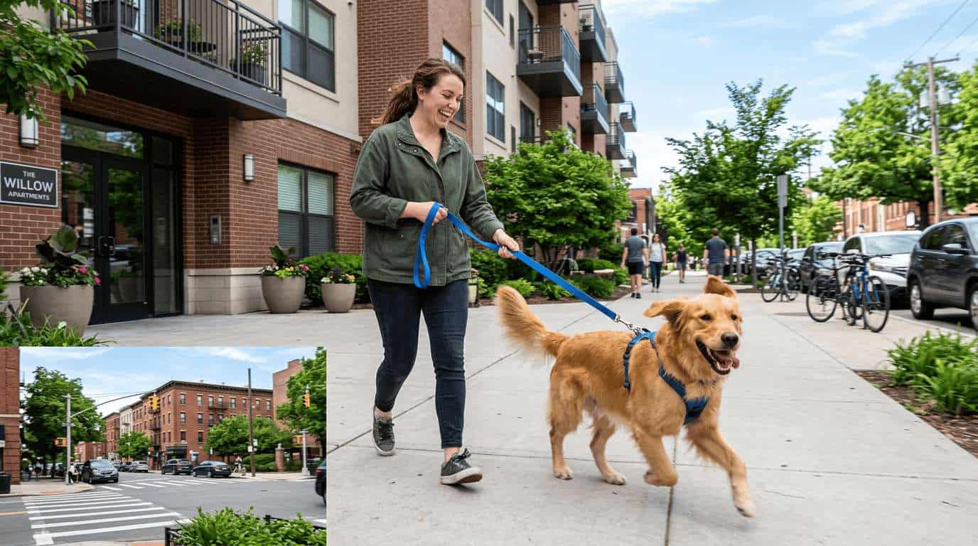 Dog owner and excited dog going for a walk outside apartment building