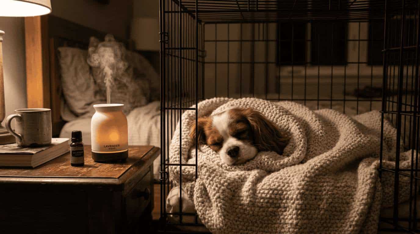 Dog in cozy crate with calming setup at night