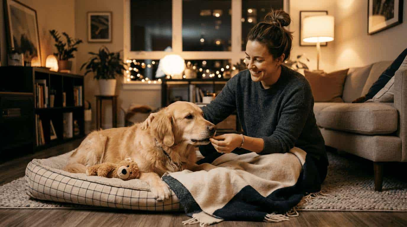 Owner giving dog calming treat before bedtime