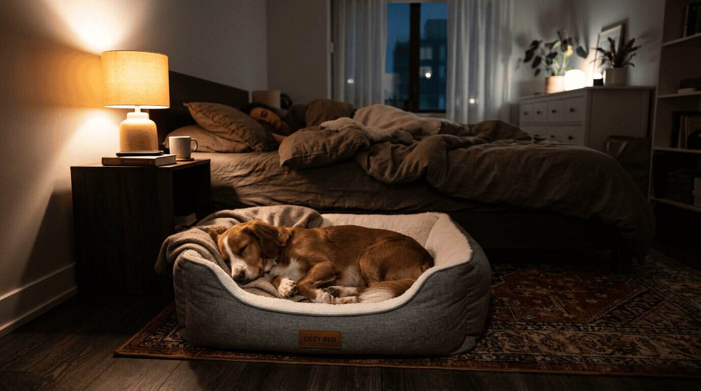 Dog sleeping peacefully at night in apartment bedroom