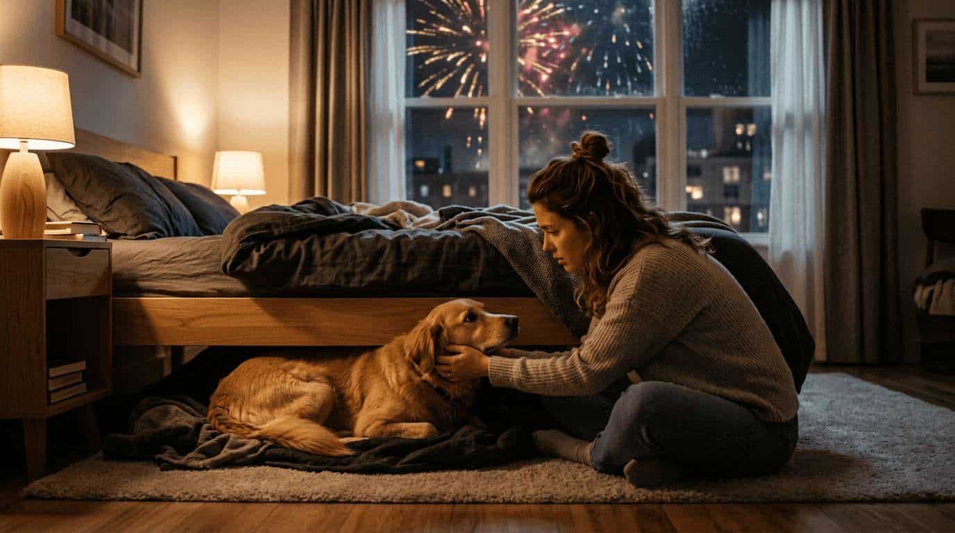 safety tips pets during fireworks — dog hiding under bed while owner comforts it during fireworks