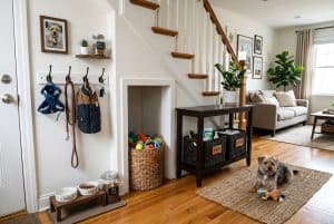 Pet organization hacks for small apartment spaces with labeled storage