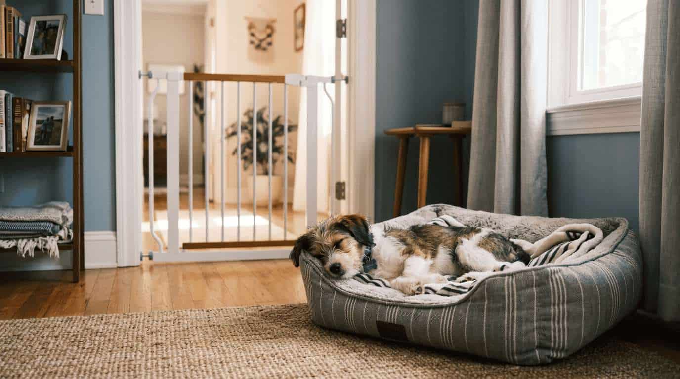 Puppy resting on a dog bed with a baby gate visible in an apartment hallway