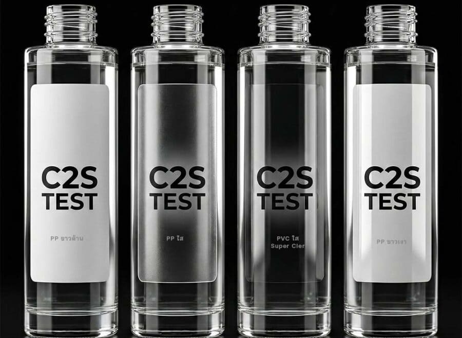 ภาพเปรียบเทียบความใสของวัสดุสติกเกอร์ฉลากสินค้า 4 ชนิด ได้แก่ PP ขาวทึบแสง, PVC ใสธรรมดา, PET Super Clear ใสพิเศษ (No-label look) และ PET ขาวเงา ติดทดสอบบนขวดแก้วเพื่อโชว์ความแตกต่างของเนื้อพลาสติกและการกลืนไปกับบรรจุภัณฑ์ โดย C2S Printing