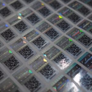 Custom 2D security hologram sticker with unique serial running numbers for product authentication and inventory tracking. High-precision laser numbering for maximum security and traceability.